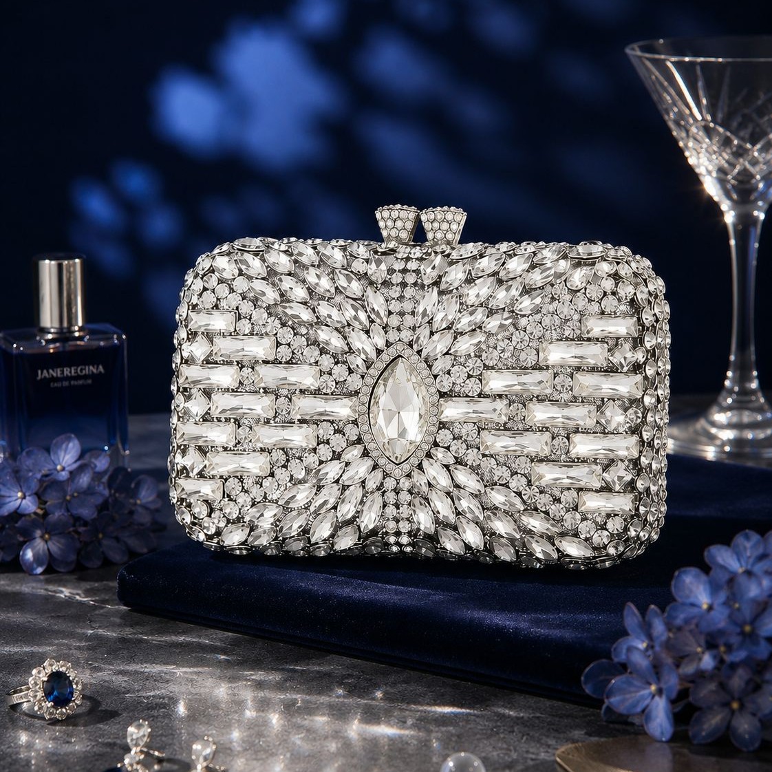 Box Bag Rigid - Silver Horse's Eye Rhinestone Rectangle Dinner